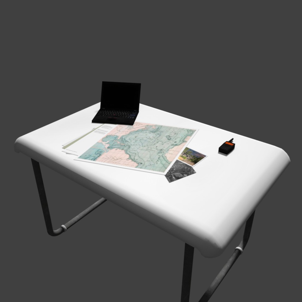 Table with laptop, radio and documents preview image 1